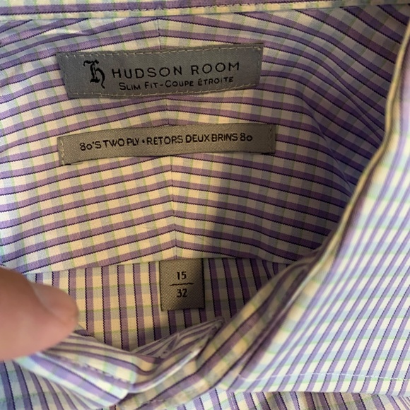 Hudson Room Slim Fit 80's Two Ply Mens Dress Shirt Check White/Purple Sz 15 - Picture 2 of 5